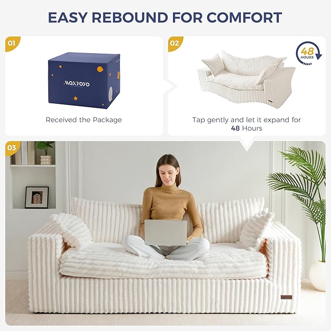 MAXYOYO 76" Bean Bag Sofa Couch, Loveseat Boneless Couch in a Box, Upholstered Small Mini Sofa for Living Room Bedroom Office Apartment, No Assembly, Beige