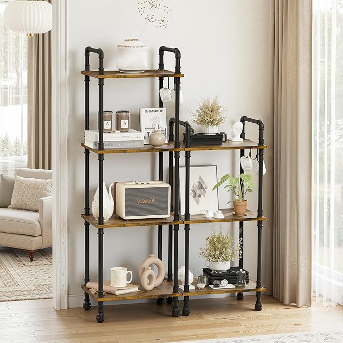 Aduanbang 4-Tier Industrial Pipe Ladder Shelf, Vintage Style Bookshelf, Freestanding Storage Rack Organizer for Living Room, Bedroom, Kitchen (Brown(3-Tier))