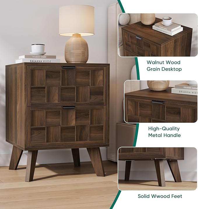 Smuxee Walnut Wooden Nightstand with 2 Drawers, Mid Century Night Stand with Embossed Checkerboard Doors, Bedside Table with Solid Feet, Modern End Side Table for Bedroom