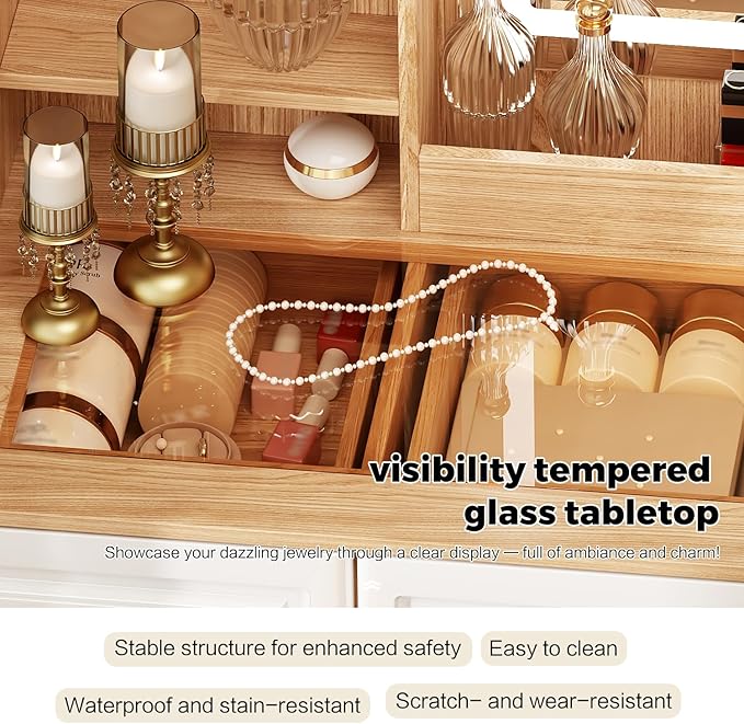 43" Makeup Vanity Desk with Mirror and Lights, & Power Outl, Glass Top Big Vanity Table with 9 Drawers& 8 Storage Shelves, Dressing Table Set with Chair for Bedroom, White+Oak