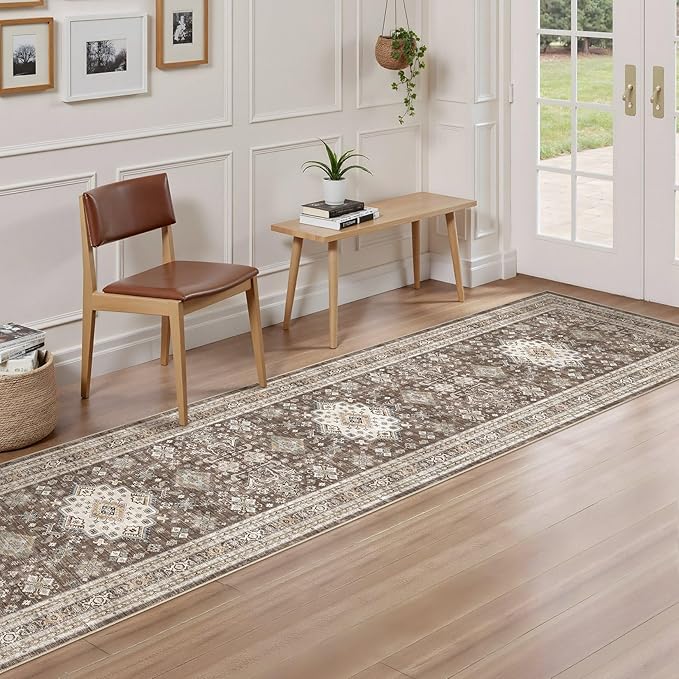 Vintage Hallway Runner Rug 2x8: Large Soft Washable Entryway for Kitchen Laundry Room Non-Slip Backing Runner for Entrance Living Room Bedroom Bathroom - Dark Brown