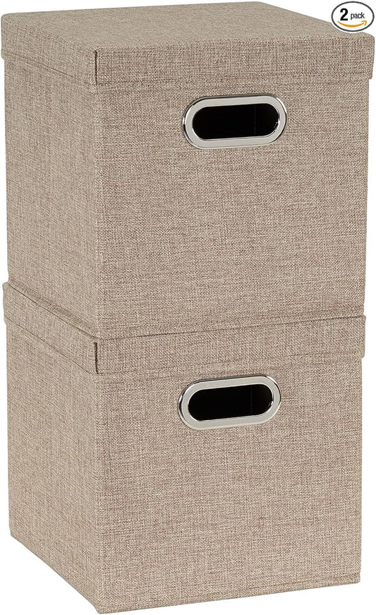 Household Essentials 802-1 Café Cube Bin Storage Set with Lids and Handles | 2 Pack, Brown Linen