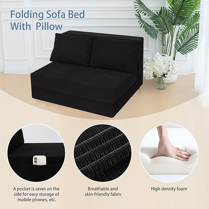 Sofa Bed Foldable Mattress ，Folding Sleeper Sofa Chair Bed Floor Mattress with Pillow for Living Room Home Office (Black-Corduroy, Twin XL)