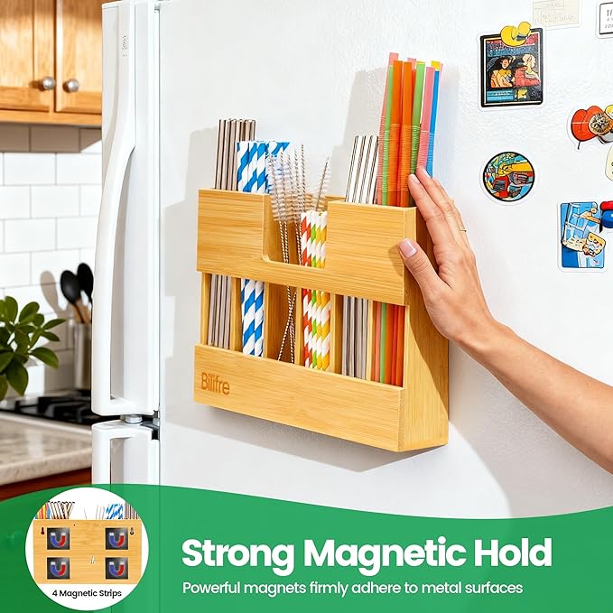 Extra-Large Bamboo Straw Holder Organizer – 6 Compartments for Long & Short Straws | Magnetic & Adhesive Mount for Cabinet, Fridge, or Counter | Durable Trapezoid Design for Kitchen