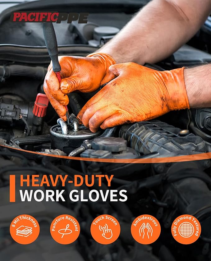 PACIFIC PPE 8 Mil Heavy Duty Strength Nitrile Gloves, Chemical Resistant, Diamond Texture Industrial Disposable Gloves, Orange, 100PCs, Medium