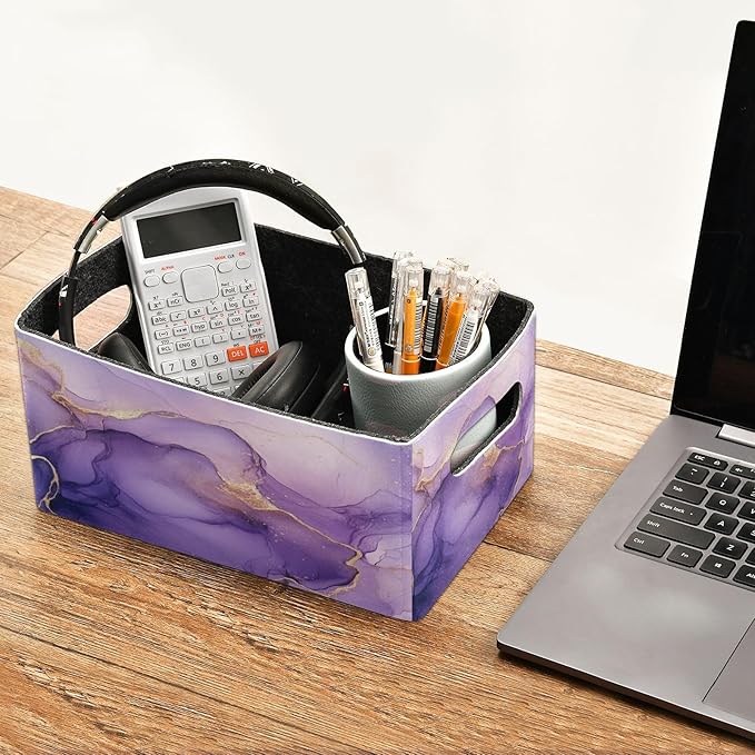 Kcldeci Purple Marble Storage Bins Baskets for Organizing 2Pack,Lavender Gold Sturdy Storage Basket Foldable Storage Baskets for Shelves Closet Nursery Toy