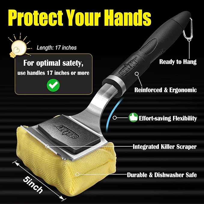 Grill Brush Bristle Free Safe Steam Cleaning Tool, Replaceable Head for Any Grate Type - 17” Long Handle w/One-Fit-All Scraper - BBQ Accessories Cleaner for Outdoor Grill - Gifts for Men/Dad