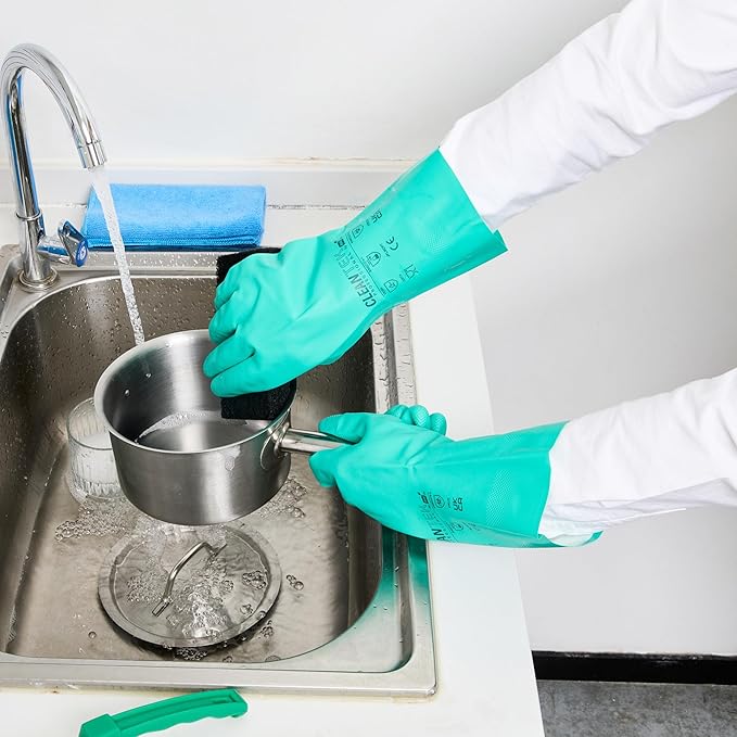 Green Cleaning Gloves 10 Pairs 15 Mil Thick XXL Heavy-Duty Nitrile Gloves With Long Cuff No-Latex Flock Lining For Use In Hospitals, Laboratories, Kitchens and Households