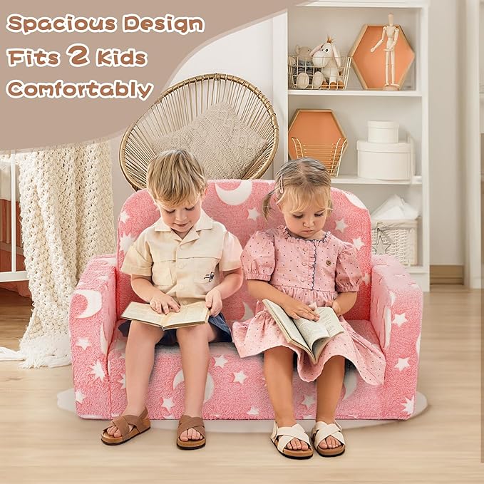Extra Wide Kids Couch, Kids Sofa, Toddler Sofa, Glow in The Dark, 2-in-1 Soft Toddler Couch with Blanket and Pillow, Moon Style, Pink