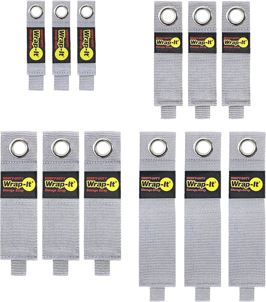 Wrap-It Storage Heavy-Duty Straps - (Assorted 12 Pack) Silver - Hook and Loop Hanging Extension Cord Organizer for Cable Management and Storage on Garage Wall, RV Gadgets and Appliances