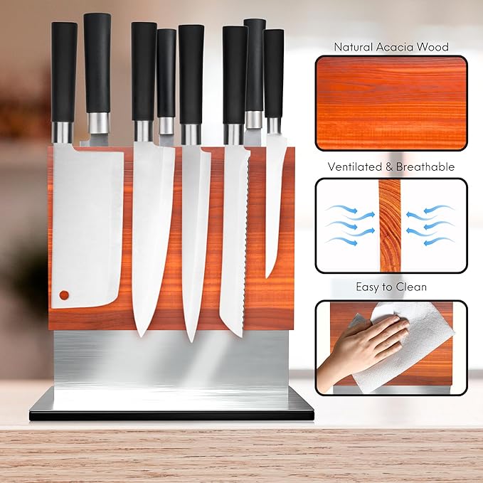 FOSSTA PRODUCTS Magnetic Knife Block – Acacia Wood Double-Sided Knife Holder with Steel Base & Strong Magnets, Modern Kitchen Knife Storage Stand (Knives Not Included)