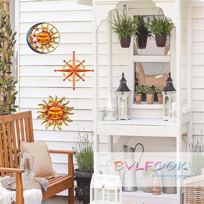 Sun Moon Star Metal Wall Art, Glass Sun Face Weird Decor, Set of 3, Indoor Outdoor Wall Decor for Patio Garden Balcony Porch Yard, Farmhouse Bedroom Living Room Wall Decorations