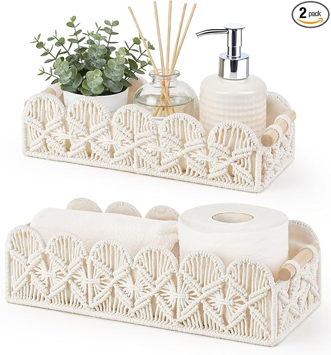 Mkono Macrame Storage Basket, Scalloped Edge Toilet Paper Basket Boho Woven Decor, Small Countertop Organizer with Handles for Shelf, Living Room, Bedroom, Home,Office, Set of 2, Ivory