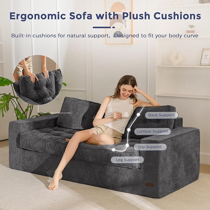 MAXYOYO Boneless Sofa Couch, 75" Oversized Loveseat Sofa, Tufted Floor Couch Bean Bag Chair for Living Room Bedroom Apartment, Sofa in a Box, No Assembly Needed, Dark Grey