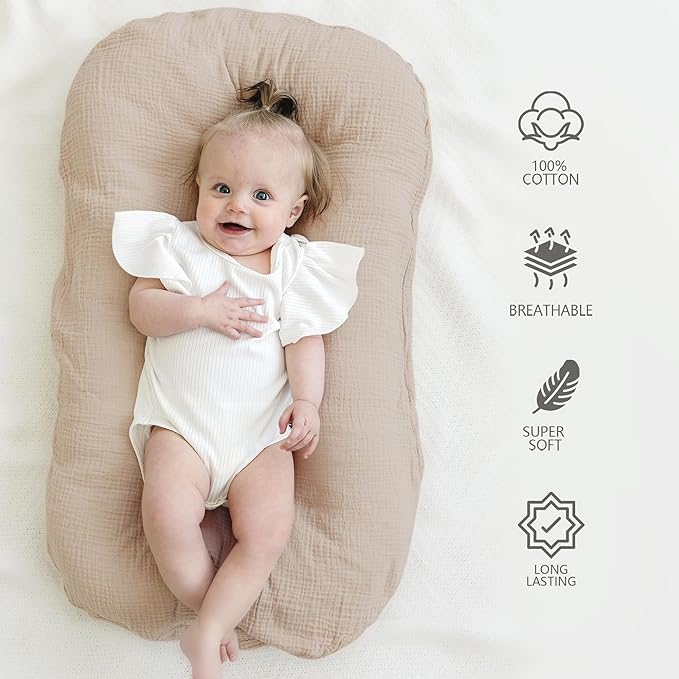 Muslin Baby Cover for Newborn, Soft and Breathable 100% Cotton Lounger Slipcover Neutral, Pack of 2(Clay)