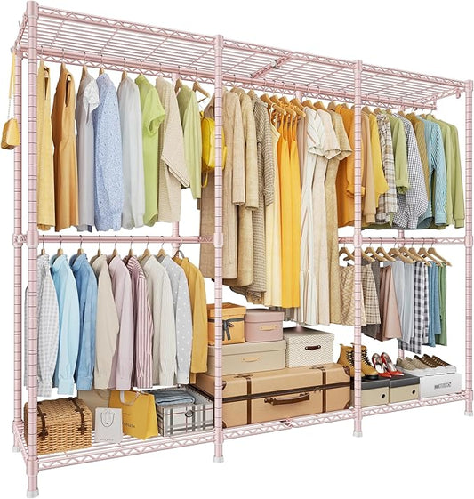 E14 Pro Heavy Duty Clothes Rack，Freestanding Clothing Racks for Hanging Clothes，Adjustable Closet Organizers and Storage，Metal Garment Rack with Shelves 69"W x16"D x77"H，Max Load 960LBS，Pink