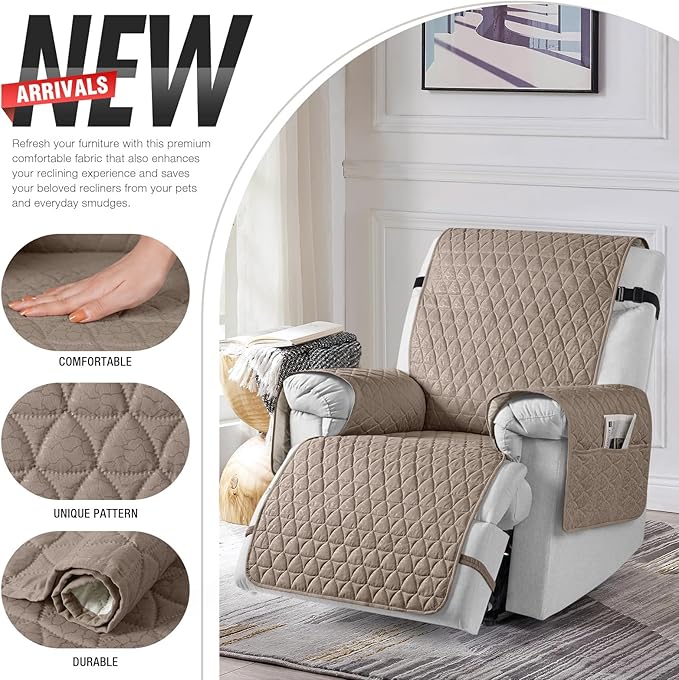 TAOCOCO 100% Waterproof Recliner Cover - Recliner Cover with Non-Slip Granule, Recliner Chair Covers with Elastic Band, Recliner Chair Covers for Reclining Chair(Taupe, Oversized-30'')