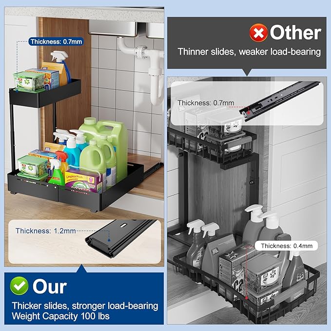 Insputer 2 Pack Under Sink Organizer with 2 Pack Pull Out Cabinet Organizer Expandable Width(12.2"-20.47") & 21" Deep