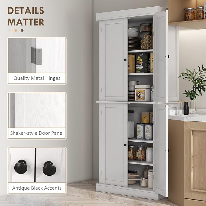 HOMCOM 72.5" Freestanding Kitchen Pantry Cabinet, Tall Storage Cabinet with 4 Doors and 2 Adjustable Shelves for Dining Room, White Wood Grain