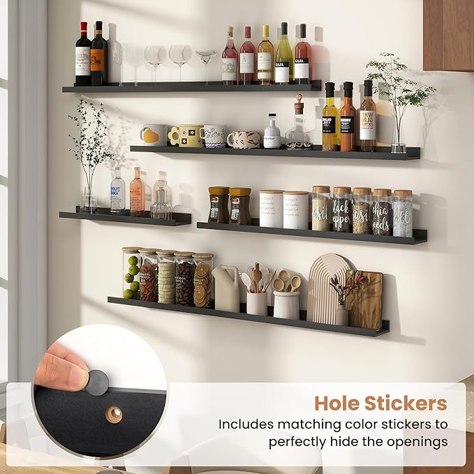 Fun Memories Picture Ledge Shelves Set of 4, 32 Inch Rustic Wall Mounted Floating Shelves with Lip for Home Storage and Décor in Bathroom, Kitchen, Nursery, Bedroom, Living Room, Black