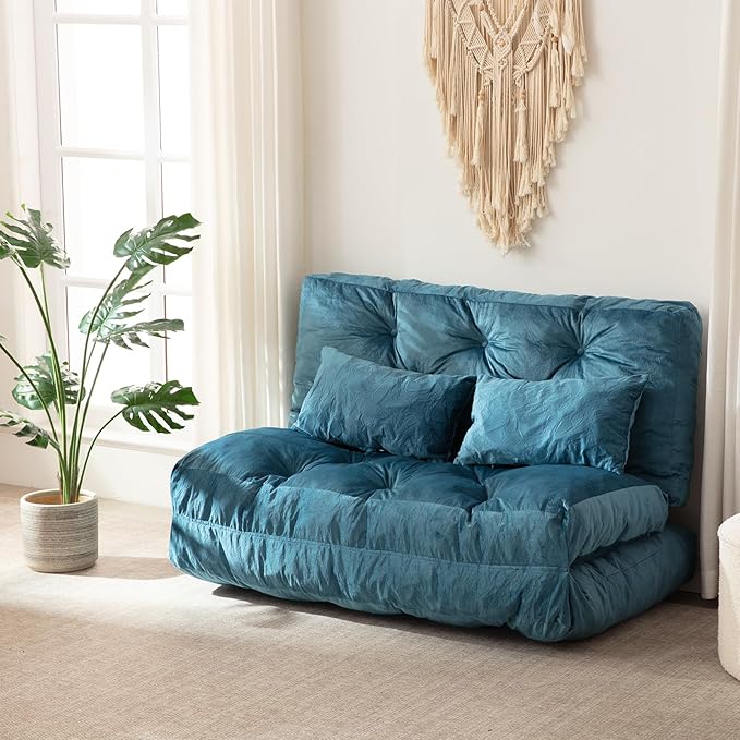 Folding Sofa Bed, Convertible Sleeper Chair with Pillow Foldable Mattress with Back Support, Portable Fold Out Chair Bed Comfy Floor Sofa Lounge for Living Room Bedroom, Blue Full 80x54 Inch