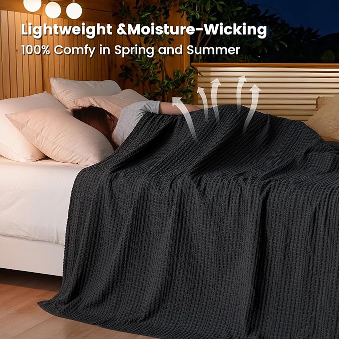 PHF Lightweight Waffle Weave Blanket Queen Size 90"x 90", Soft Woven Summer Blanket for Hot Sleepers - Aesthetic Home Decor for Couch Bed Sofa, Pet Friendly, Black