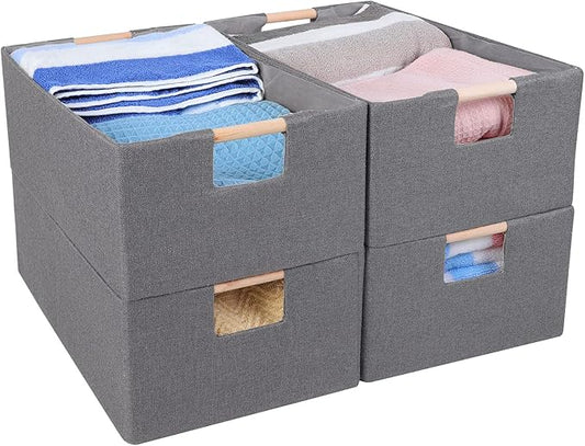 ANMINY 4PCS Storage Baskets for Organizing Collapsible Fabric Storage Bins Boxes with Wood Handles Closet Shelves Cube Organizer Bins Clothes Laundry Storage Container - Large, Gray