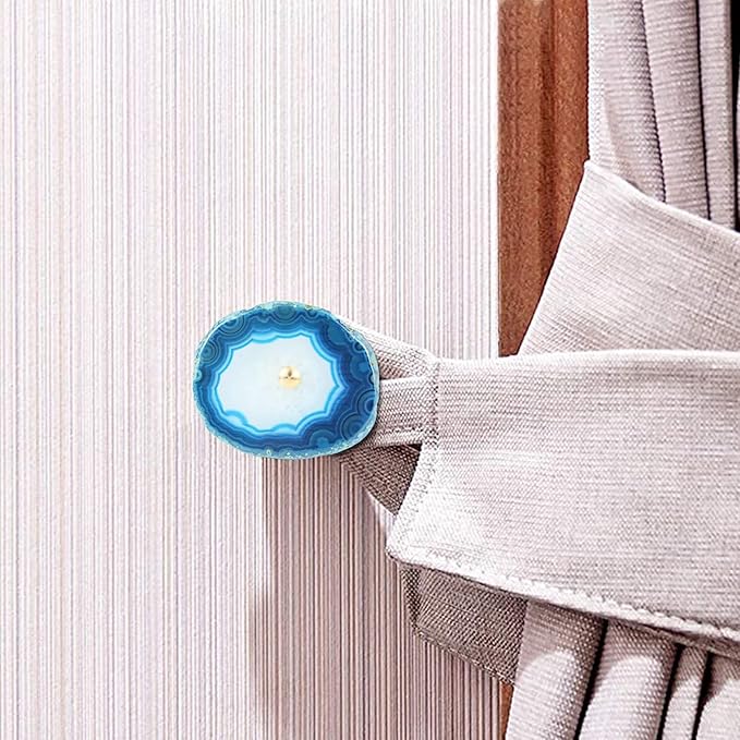 4 Pcs Unique Agate Blue Coat Hooks - Wall Mounted Decorative Hooks with Brass Finish - Holds Hats, Bags, Curtains