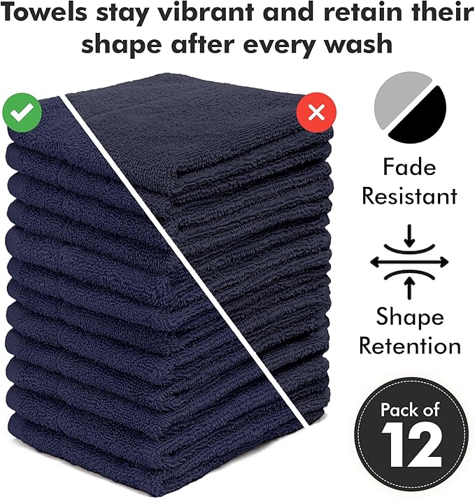 Face Towels Pack of 12 – 100% Cotton Wash Cloths (12x12 inch) – Soft, Quick Dry & Highly Absorbent Hand Towels for Bathroom, Spa, Gym, Kitchen and for Daily Use - (Navy Blue)