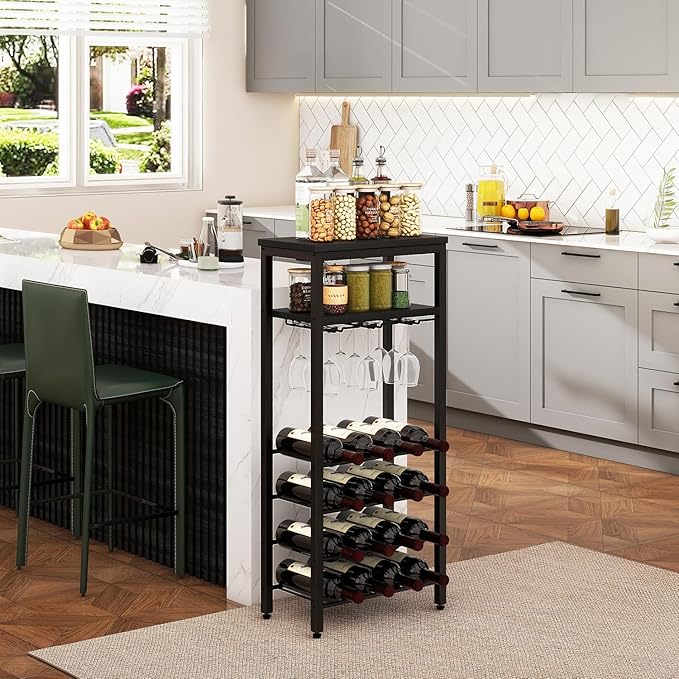 IBUYKE Wine Racks Freestanding Floor,Liquor Bottle Holder,16 Bottles Wine Cabinet with Glass Holder,Wine Holder Display,Mini Wine Bar Table for Living Room,Kitchen Pantry,Dining Room,Black UTMJ907B
