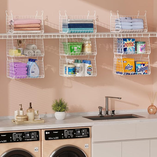 3-Tier Hanging Laundry Basket Organizer：Foldable Wire Shelf Laundry Room Organizer with 360°Rotating Hooks Small Space Solutions Pantry Baskets - Laundry Organization, White Patent