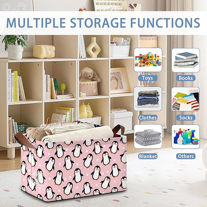 Cute Penguin Collapsible Storage Box,Organizer Bin with Handles for Room Decoration,Bins Book Basket Box 17x11.5x10Inch