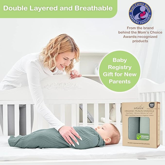 100% Organic Cotton Muslin Baby Blanket - 47 x 47 Inch Breathable Swaddle Blankets for Newborns, Hypoallergenic Double-Layer, Soft and Cozy Baby Blankets for Everyday Use (Green/Mint Green)