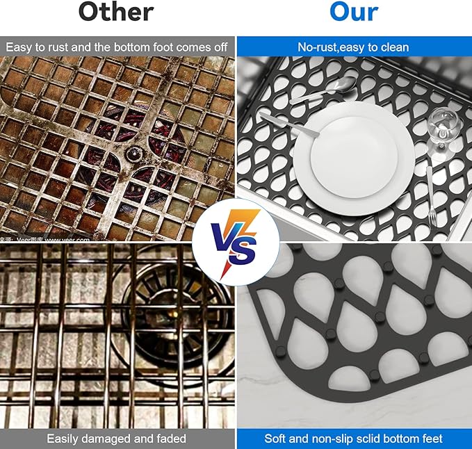 Silicone Sink Mat 2PCS TOOVEM Cistern Protectors for Kitchen Sink, Grid Non-Slip Folding Kitchen Sink Mats for Bottom of Stainless Steel Porcelain Cistern- Black