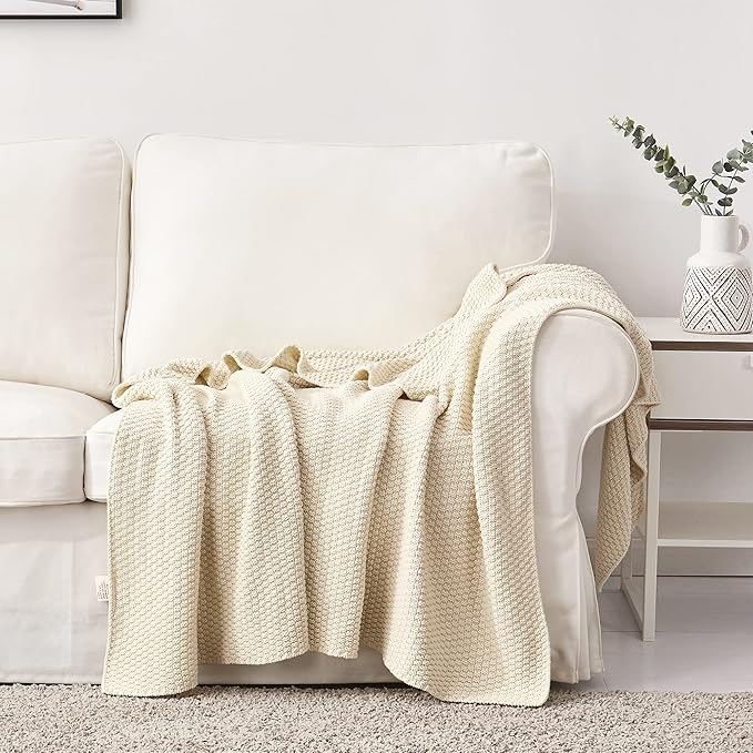 Longhui bedding Cream Knitted Cotton Throw Blanket for Couch, Soft, Cozy Machine Washable 100% Cotton Sofa Cable Knit Blankets, Heavy 4.0lb Weight, 60 x 80 Inches, Beige Color