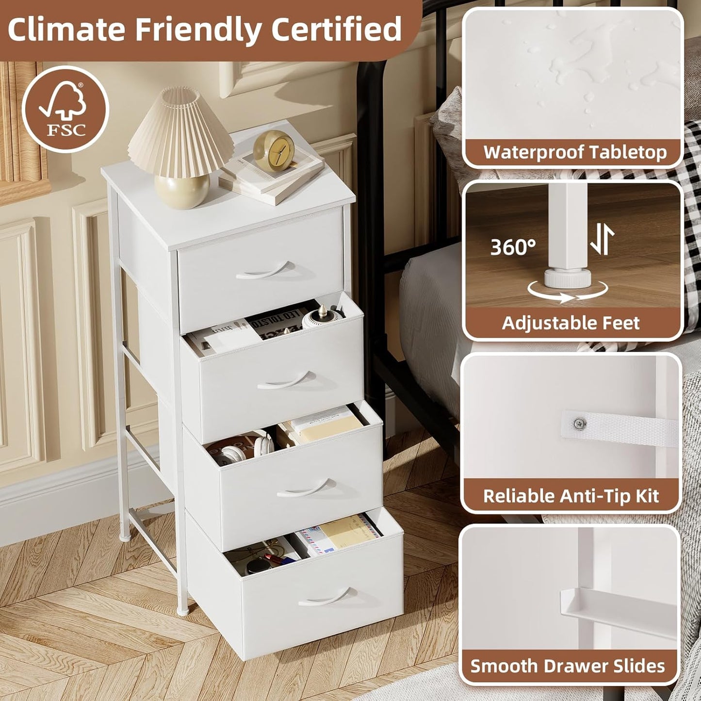 4-Drawer Fabric Dresser with Steel Frame and Wood Top