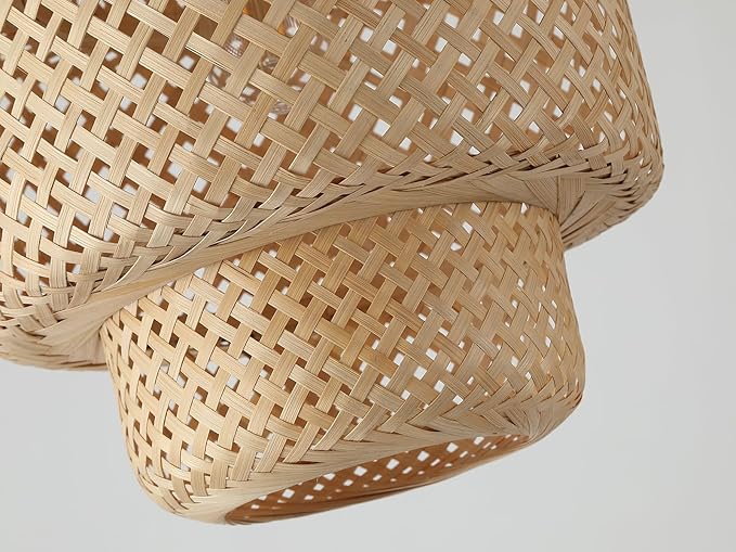 Bamboo Pendant Light Fixture One-Light Adjustable Boho Basket Handmade Woven Pendant Lighting for Kitchen Island Hallway Farmhouse Dining Room
