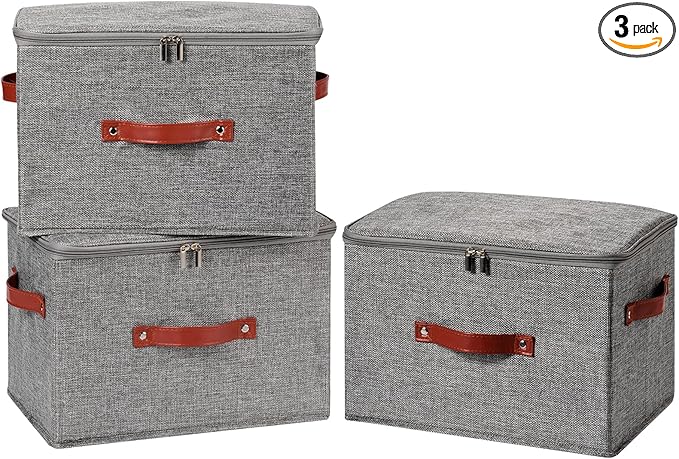 3PCS Storage Bins Boxes with Zippered Lids Cotton Linen Fabric Decorative Basket PU Leather Handles PP Plastic Board Foldable Lidded Clothing Shelf Closet Organizer Container (Gray, Large)
