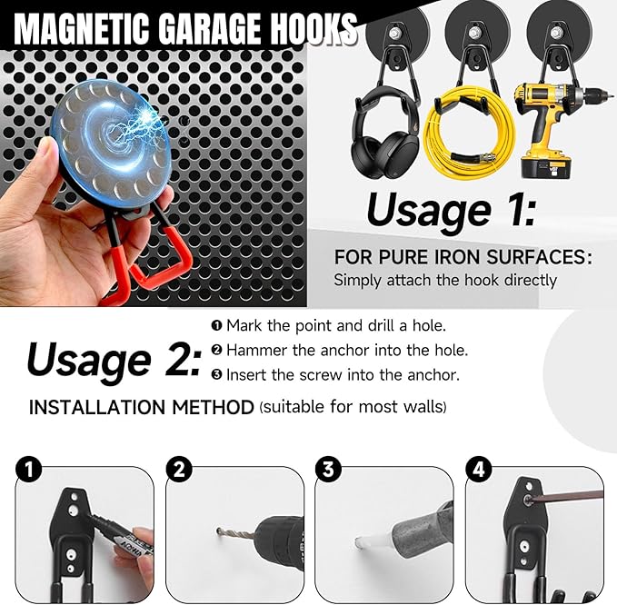 Magnetic Hooks Heavy Duty, 4 Pack Large Strong Magnet Hooks with Anti-Slip Coating, Storage Hooks for Hanging Garden Tools,Drills, Hoses. Ideal for Metal Cabinet,Tool Cart,Outdoor