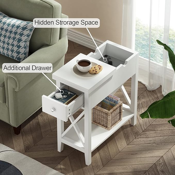 ChooChoo End Table, Flip Top Narrow End Table with Drawer, Accent Small Side Table Nightstand for Living Room, Bedroom, and Small Spaces, White