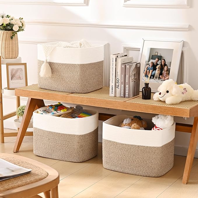 3 Pack Cube Storage Bin, 17”x12”x12” Cotton Rope Woven Baskets for Organizing Toys Clothes Towels, Square Gift Storage Baskets for Shelves, Nursery, Closet, Bathroom, Pantry (White & Jute)