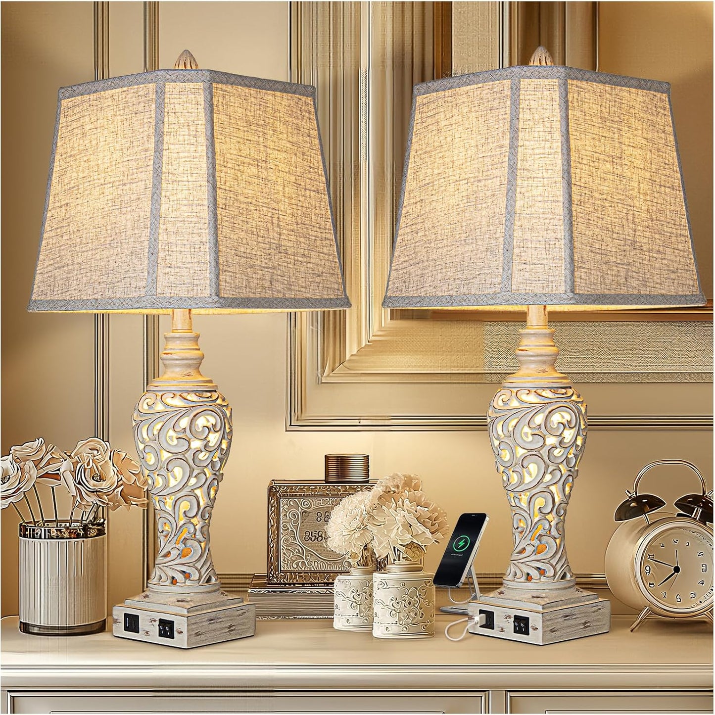 Linen Fabric Table Lamps Set of 2 – USB Port, Night Light, 28.5" Bedside Lamp