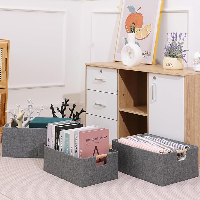 ANMINY 2PCS Storage Baskets for Organizing Collapsible Fabric Storage Bins Boxes with Wood Handles Closet Shelves Cube Organizer Bins Clothes Laundry Storage Container - Large, Gray