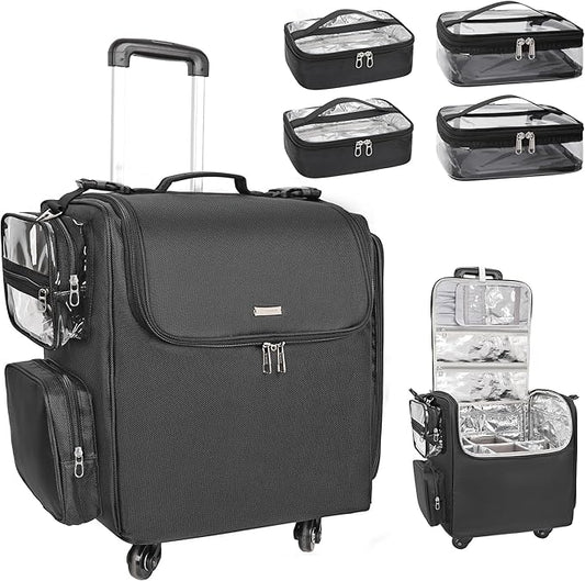 Relavel Rolling Makeup Train Case with 4 Pcs Clear Makeup Bags, Hairstylist Traveling Bag with 4 Wheels, Heat Insulation Full Layer, Adjustable Dividers, Hair Tools and Cosmetics Storage Organizer