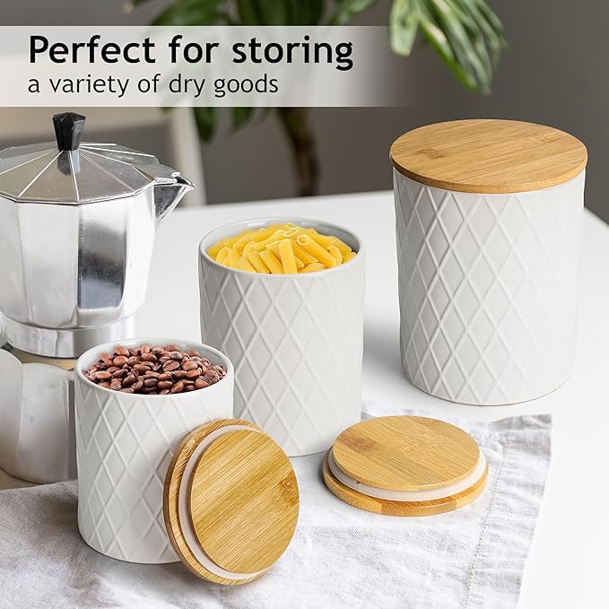MIAMIO – Set of 3 Canister Sets for Kitchen Counter, Ceramic Kitchen Canister Set with Airtight Seal Wooden Lid - Perfect for Coffee, Tea, Sugar, Flour, Tea, Salt and More