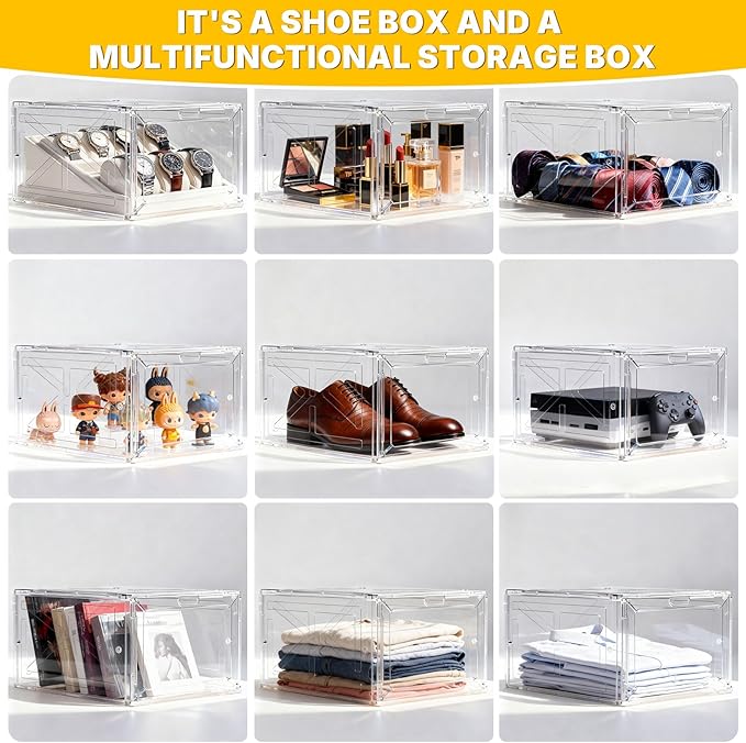 6 Pack Stackable Clear Shoe Boxes with Black Frame, Large Plastic Shoe Organizer Storage Bins for Sneakers & Boots, Magnetic Front Door, Space Saving Closet Shoe Case
