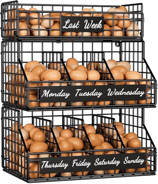 Egg Holder Countertop with Dividers & Labels, 3 Tier Stackable Chicken Egg Holder Egg Baskets for Gathering Fresh Eggs, Egg Organizer for Egg Storage, Wall-Mounted, Black