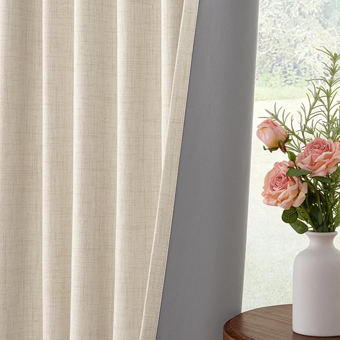 INOVADAY 100% Blackout Curtains for Bedroom, Black Out Curtains 80 Inch Long, Clip Rings Linen Blackout Drapes, Thermal Insulated Room Darkening for Living Room, 2 Panels - Cream,W50xL80