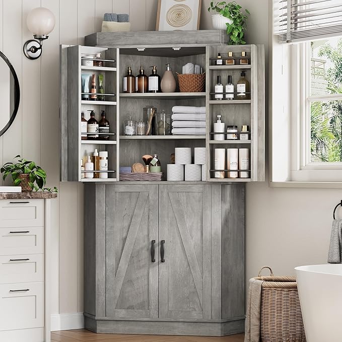 Corner Cabinet, Kitchen Pantry Cabinet, Storage Cabinet with 4 Doors and Shelves, Kitchen Cabinet, Pantry Cabinet, Tall Food Pantry Storage Cabinet Farmhouse Furniture for Kitchen Dining Room, Grey