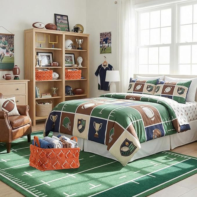 2 Pcs Brown Football Storage Baskets 14x10 Inch Easter Basket Sport Theme Room Decor Laundry Foldable Fluffy Storage Bin with Handle Closet Organizer for Countertop Tabletop Car
